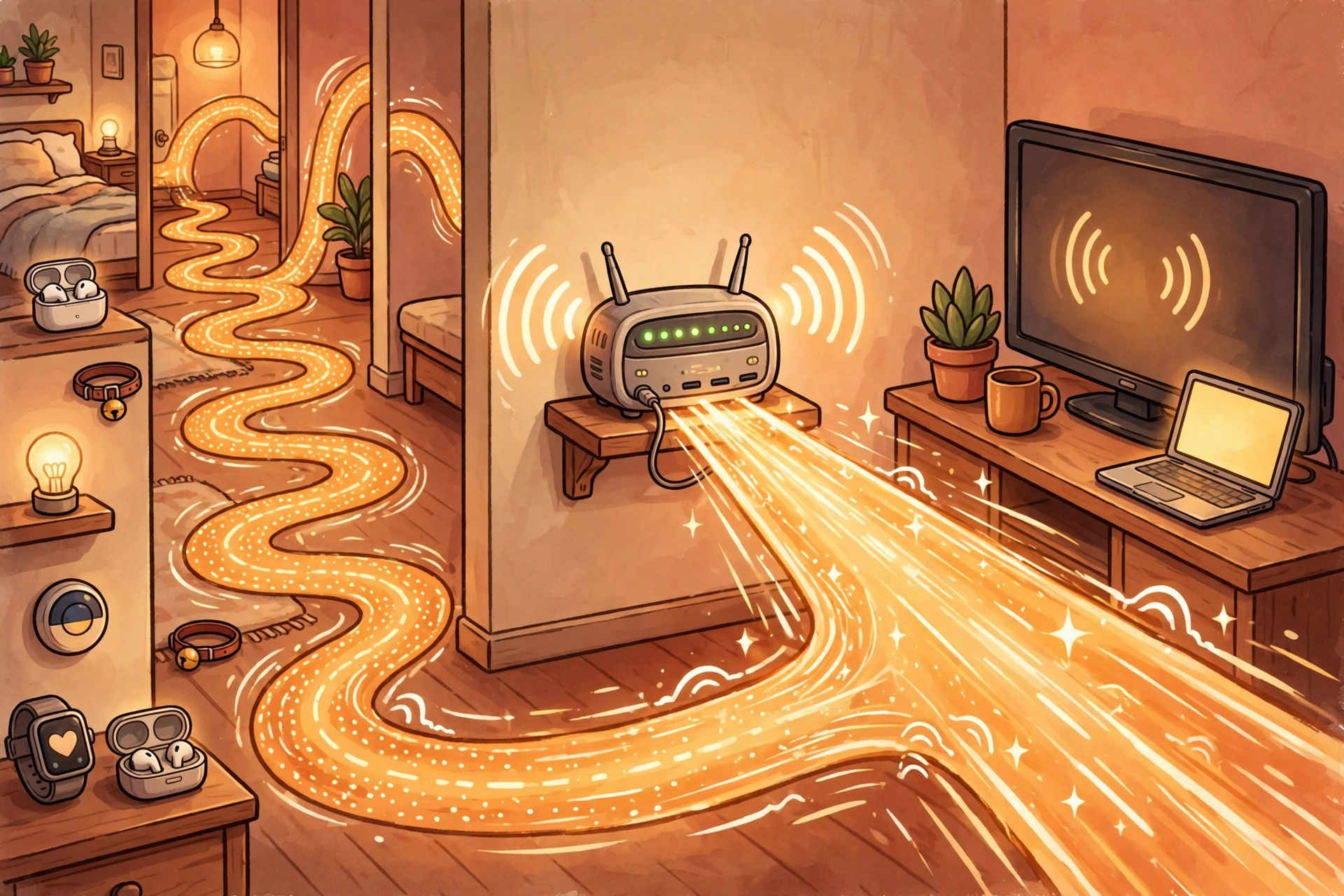 Router sending a long winding signal path through rooms to small gadgets and a broad fast stream toward a TV and laptop