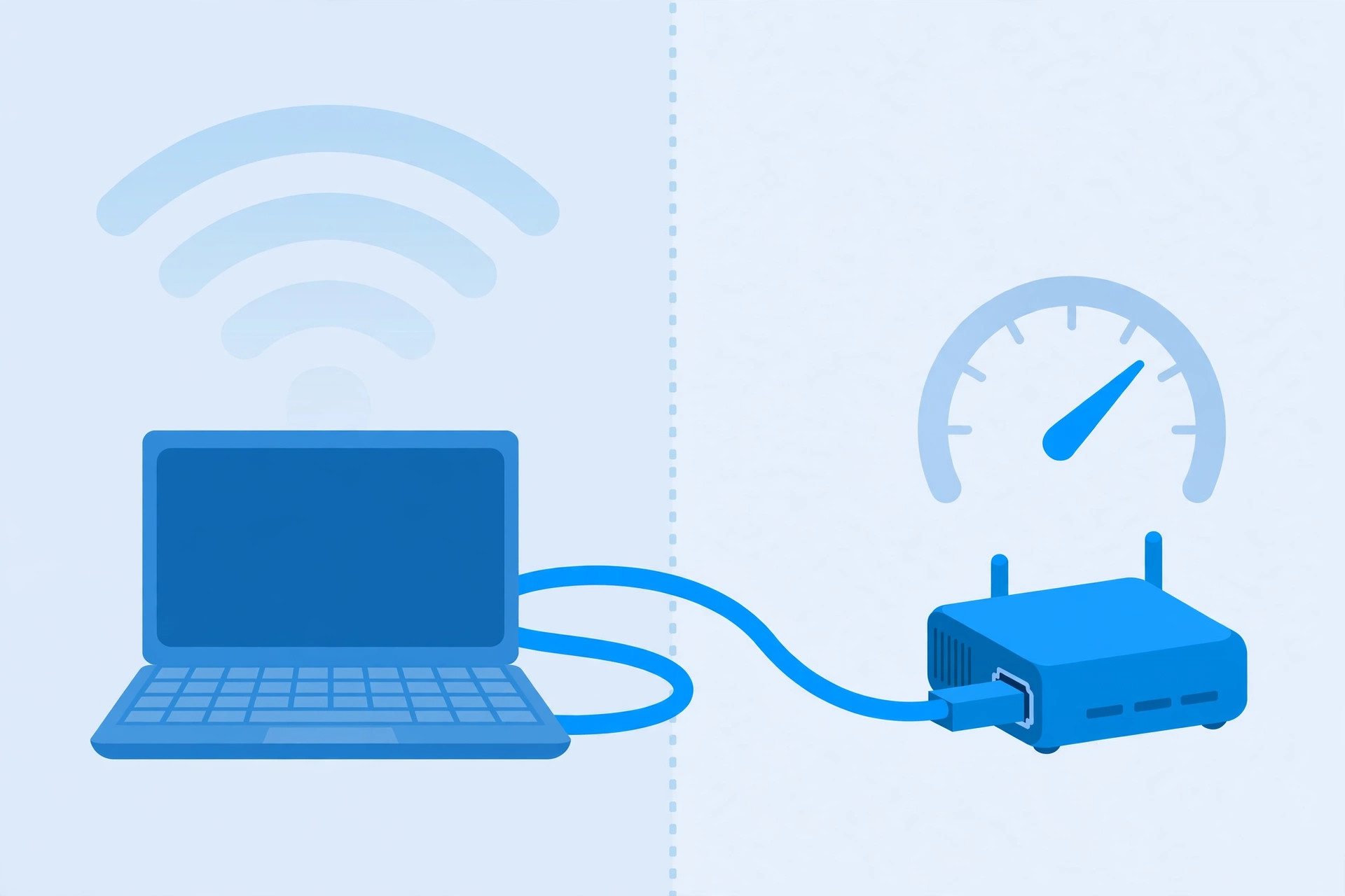Laptop connected by ethernet cable to a modem for a wired speed test, isolating Wi-Fi from internet speed