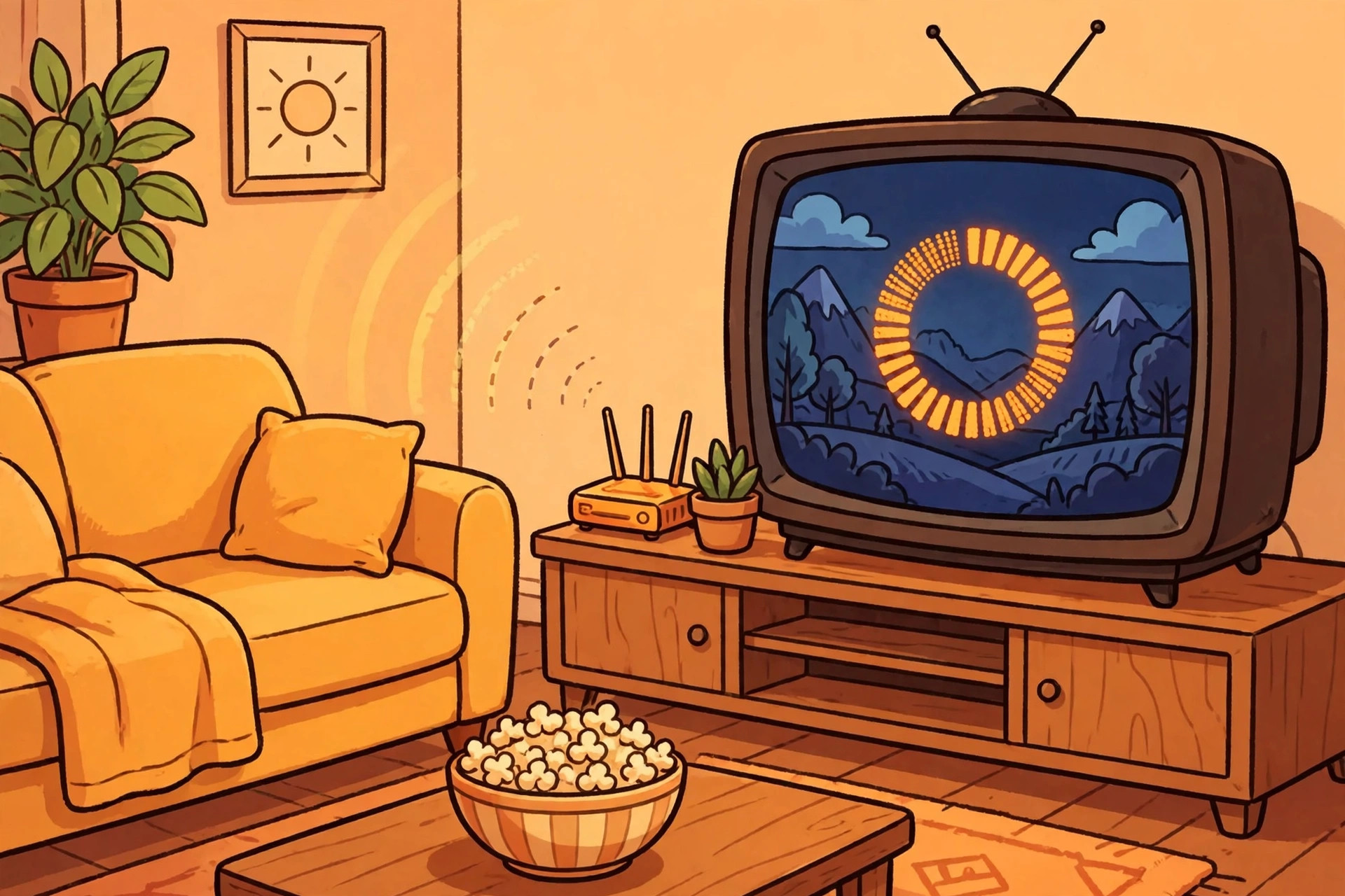 Television showing a loading ring over a mountain scene, with a router on the stand and popcorn on the table