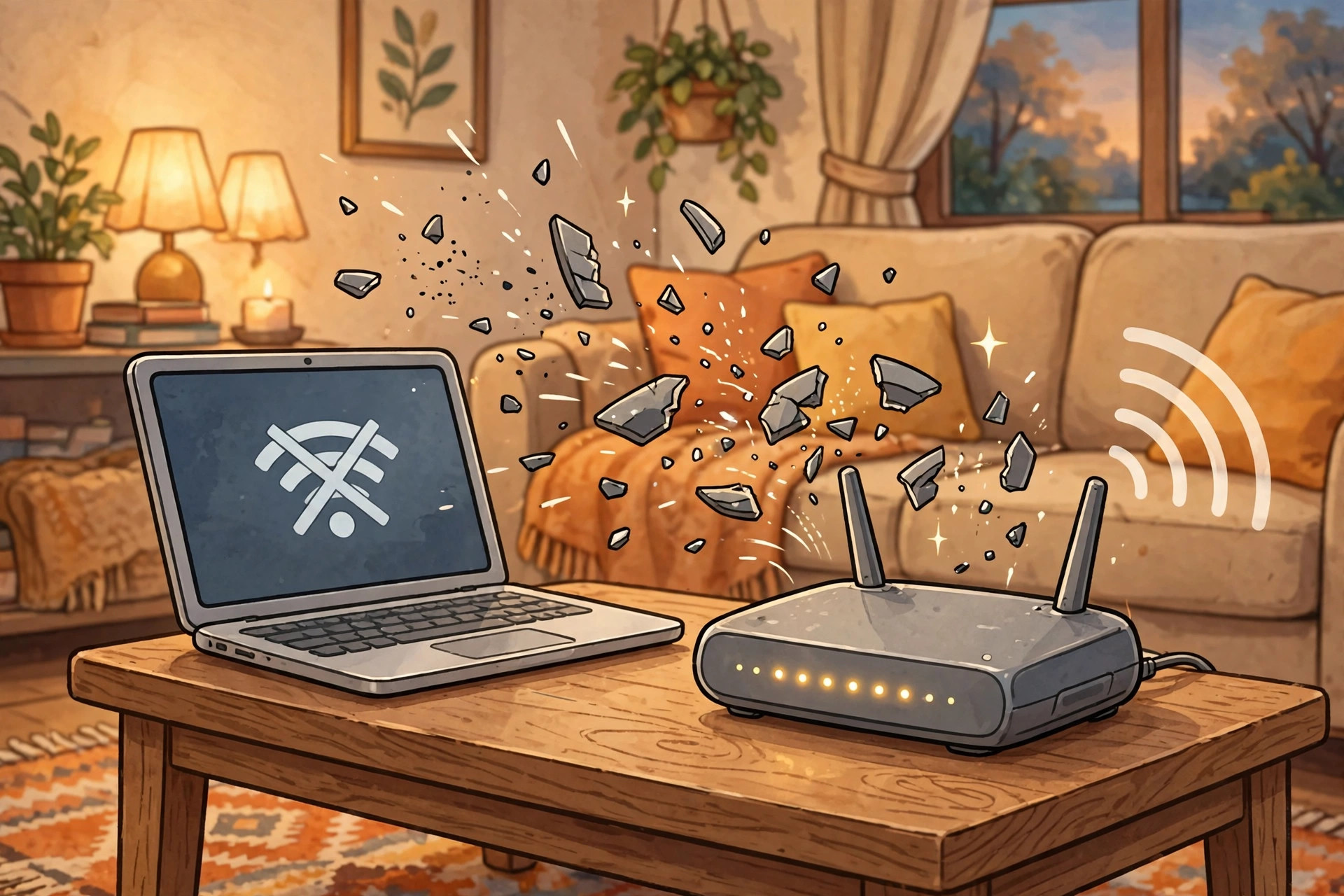 Router on a coffee table with its signal breaking into fragments beside a laptop showing a disconnected Wi-Fi symbol