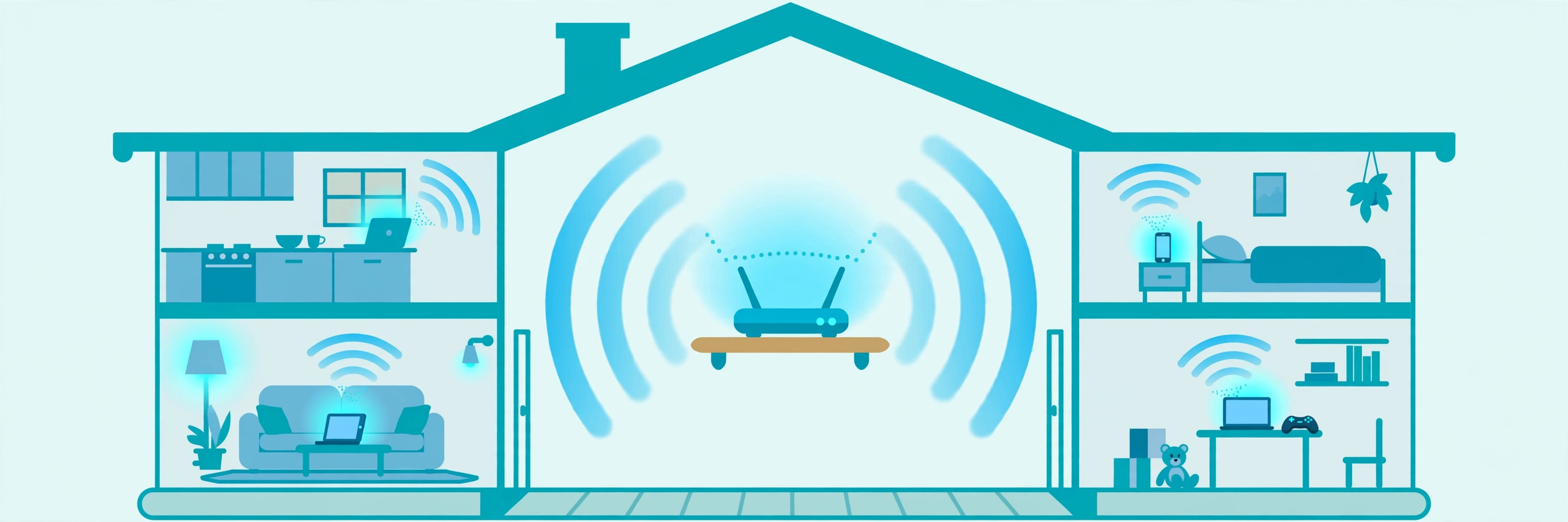 Home router on a shelf with Wi-Fi signal waves spreading evenly through a house