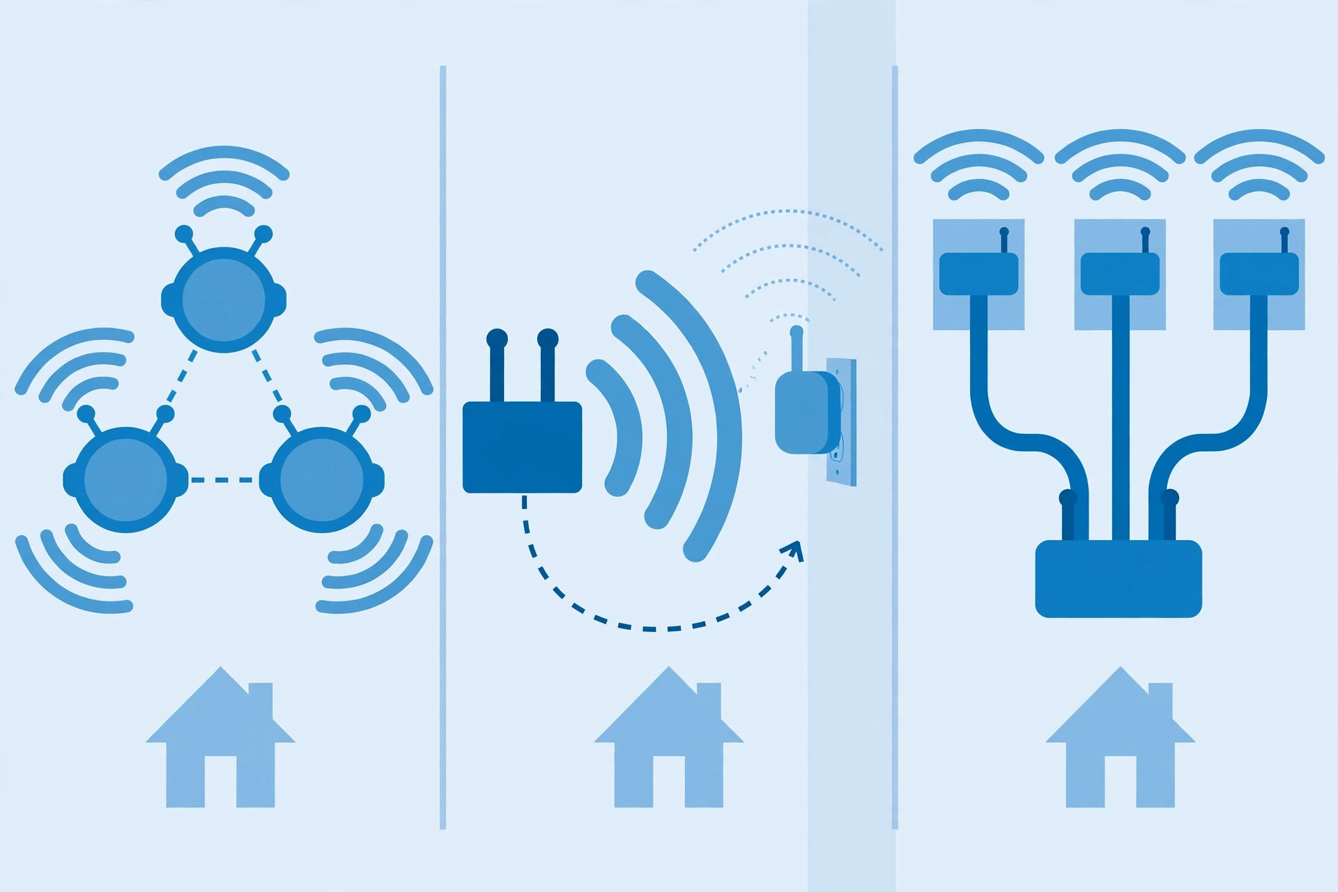 Diagram-style illustration of three home Wi-Fi setups: mesh nodes, an extender, and wired access points