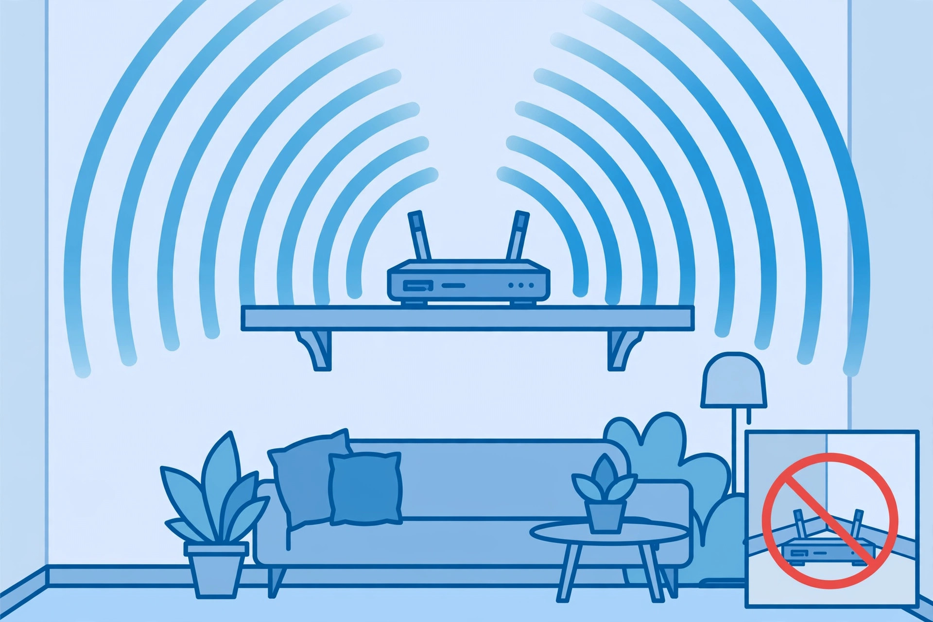 Router placed high on an open shelf in the center of a home, signal radiating outward