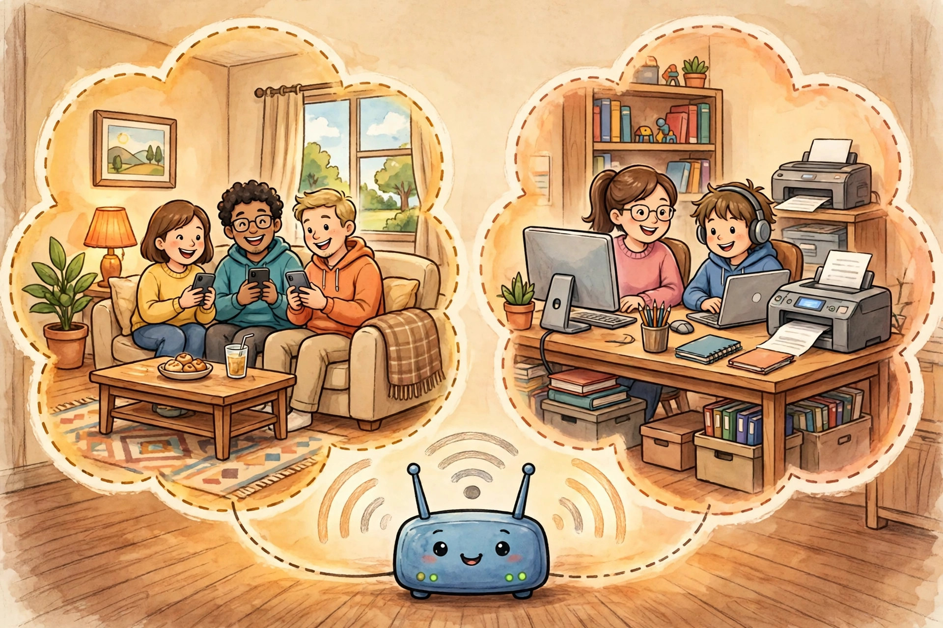 Visitors with phones in one zone and a family desk with computers and a printer in another, sharing one router