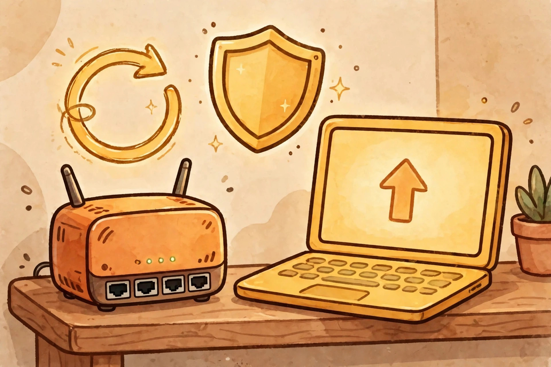 Router on a shelf beside a laptop with an upload arrow, a shield and a circular update arrow above