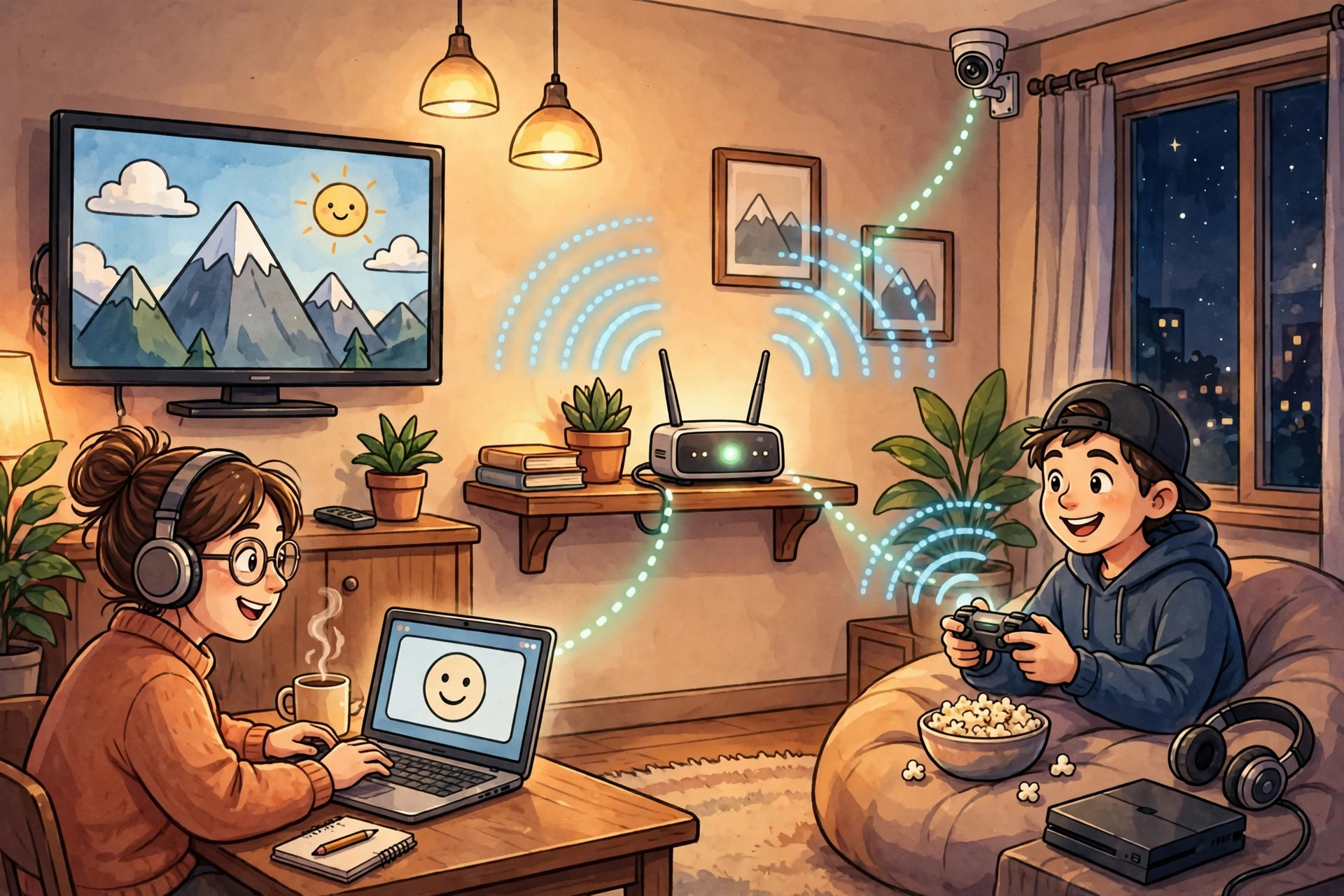 Busy evening living room where a TV, a laptop call, a game console, and a security camera all share one router