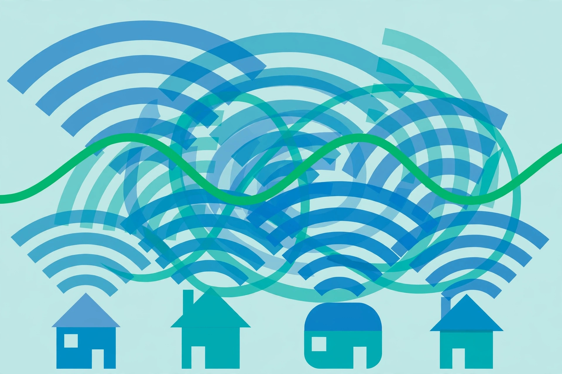Overlapping Wi-Fi signal waves from neighboring routers crowding the same radio channels